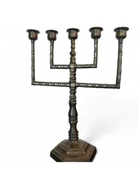 Vintage / Antique Brass Etched Menorah Candlestick Holder Decor